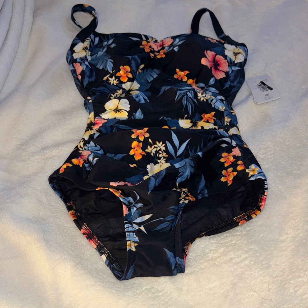 Lands' End Floral Black One-Piece Swimsuit